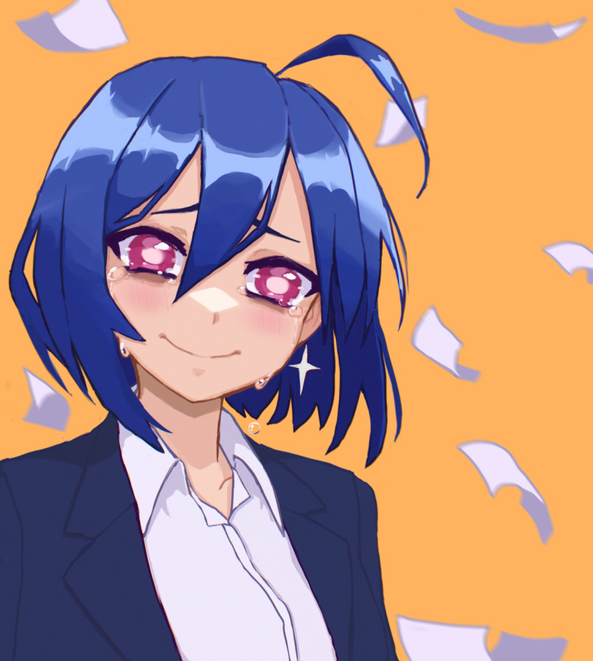 1girl ahoge blue_hair blush business_suit closed_mouth collarbone collared_shirt crying crying_with_eyes_open formal_clothes hcnone highres looking_at_viewer office_lady original paper pink_eyes shirt short_hair skye_(hcnone) smile solo suit tears upper_body white_shirt