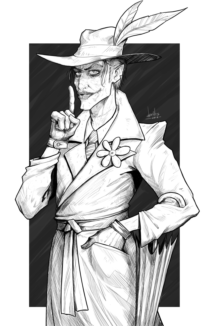 1boy absurdres batman_(series) coat collared_shirt dc_comics devilhs finger_to_mouth flower gloves greyscale hand_in_pocket hat hat_feather highres long_coat looking_at_viewer monochrome necktie shirt short_hair shushing signature solo the_joker trench_coat