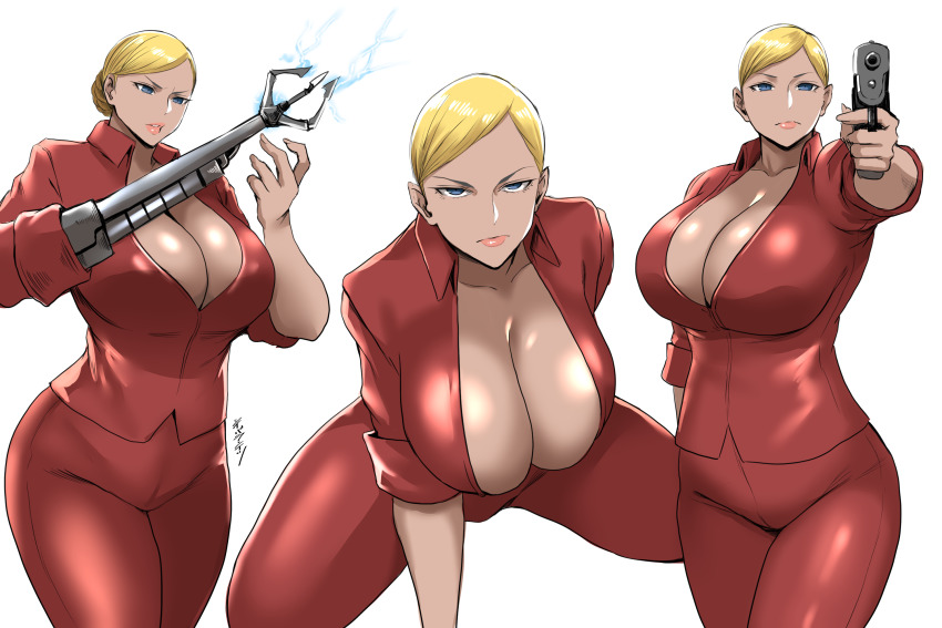 android blonde_hair braid breasts damaged dark_skin gun hair_bun handgun highres huge_breasts mechabare muscular muscular_female panties red_panties red_shirt shibusun shirt simple_background t-x terminator_(series) terminator_3:_rise_of_the_machines underwear weapon white_background