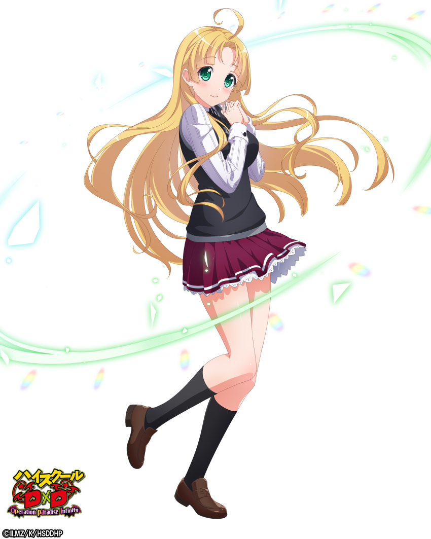 1girl absurdres ahoge asia_argento black_socks black_sweater blonde_hair brown_shoes closed_mouth copyright_name copyright_notice frilled_skirt frills full_body green_eyes high_school_dxd high_school_dxd_operation_paradise_infinity highres interlocked_fingers kneehighs kuoh_academy_school_uniform light_blush long_hair long_sleeves looking_at_viewer official_art own_hands_together parted_bangs pleated_skirt purple_skirt school_uniform shirt shoes skirt sleeveless sleeveless_sweater socks solo standing standing_on_one_leg sweater white_shirt