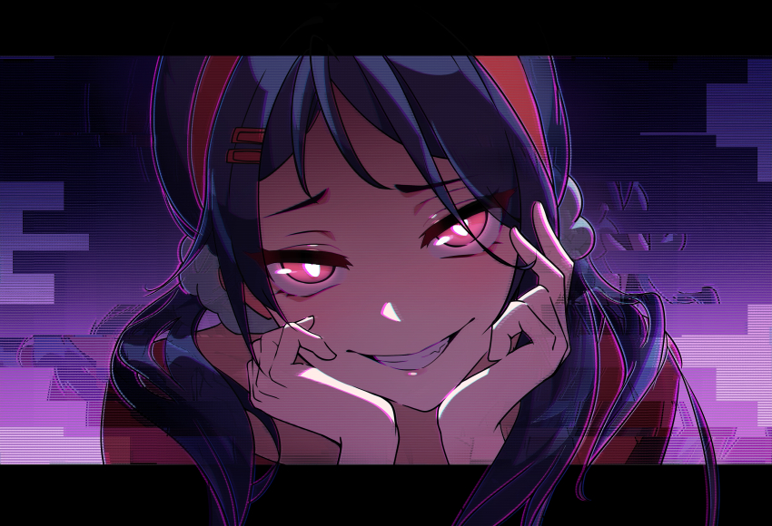 1girl absurdres black_border border crazy_grin crazy_mita_(miside) glitch hair_ornament hairclip hands_on_own_face heart heart-shaped_pupils highres letterboxed long_hair looking_at_viewer miside mita_(miside) outside_border pink_eyes purple_hair solo sombie symbol-shaped_pupils twintails