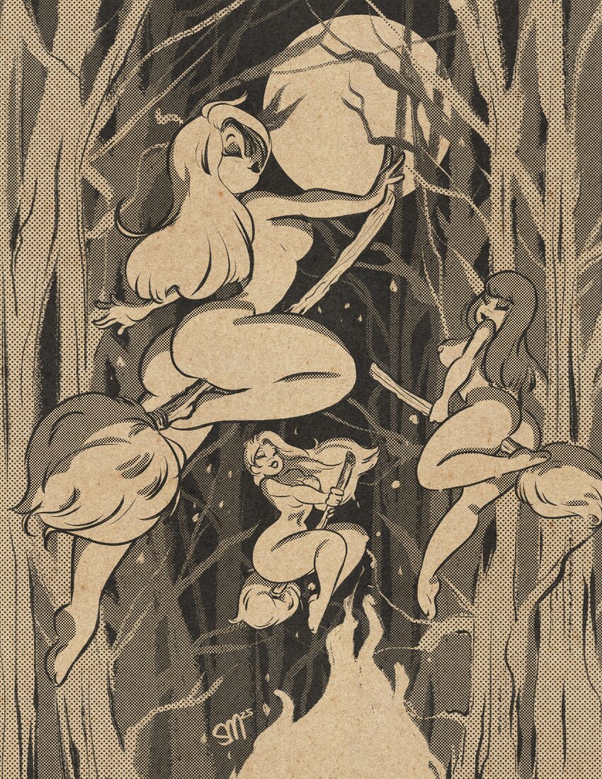 3girls absurdres artist_name ass breasts broom broom_riding closed_eyes completely_nude fire forest full_moon highres long_hair monochrome moon multiple_girls nature nipples nude original sgtmadness smile witch