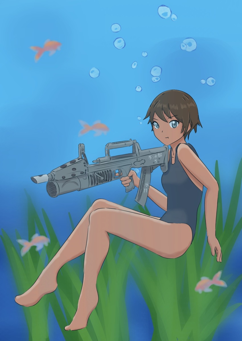 1girl ads_amphibious_rifle assault_rifle blue_eyes breasts brown_hair bubble bullpup caseless_firearm dual-medium_assault_rifle fish grenade_launcher gun hamu-chin highres kbp_instrument_design_bureau looking_at_viewer military multiple-barrel_gun one-piece_swimsuit original rifle rifling seaweed short_hair small_breasts swimsuit tskib_soo underbarrel_grenade_launcher underwater underwater_firearm weapon