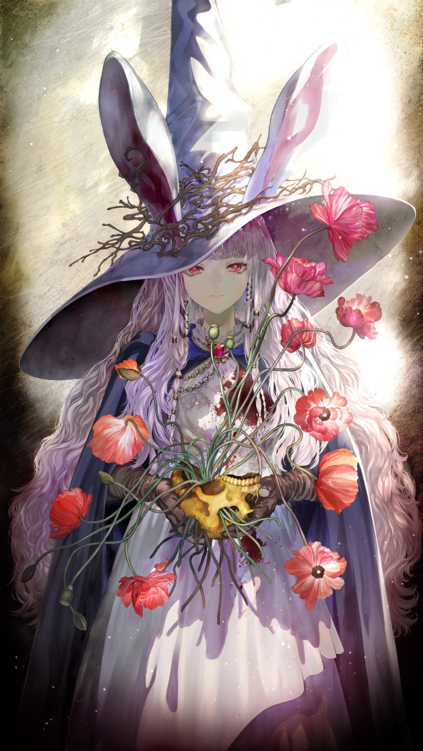 1girl absurdres animal_ears blood blood_on_clothes bloody_clothes bloody_dress blunt_bangs brown_gloves cape closed_mouth dress flower gloves hat highres holding holding_skull hori_airi lips long_hair looking_at_viewer original pink_eyes pink_flower pink_lips rabbit_ears red_flower skull solo standing wavy_hair white_dress white_hair white_hat witch witch_hat