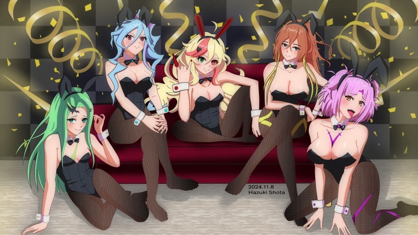 5girls animal_ears bare_shoulders black_leotard blonde_hair blue_eyes blue_hair bow bowtie breasts brown_hair couch detached_collar double_bun fake_animal_ears green_eyes green_hair hair_behind_ear hair_between_eyes hair_bun hair_ornament hazuki_shouta heart heterochromia horns large_breasts leotard long_hair looking_at_viewer macross macross_delta macross_delta:_zettai_live!!!!!! multicolored_hair multiple_girls on_couch open_mouth pink_hair playboy_bunny ponytail purple_hair rabbit_ears red_eyes red_hair side_ponytail single_horn sitting smile strapless strapless_leotard streaked_hair tongue tongue_out very_long_hair wrist_cuffs yami_freyja yami_kaname yami_makina yami_q_ray yami_reina yamikumo