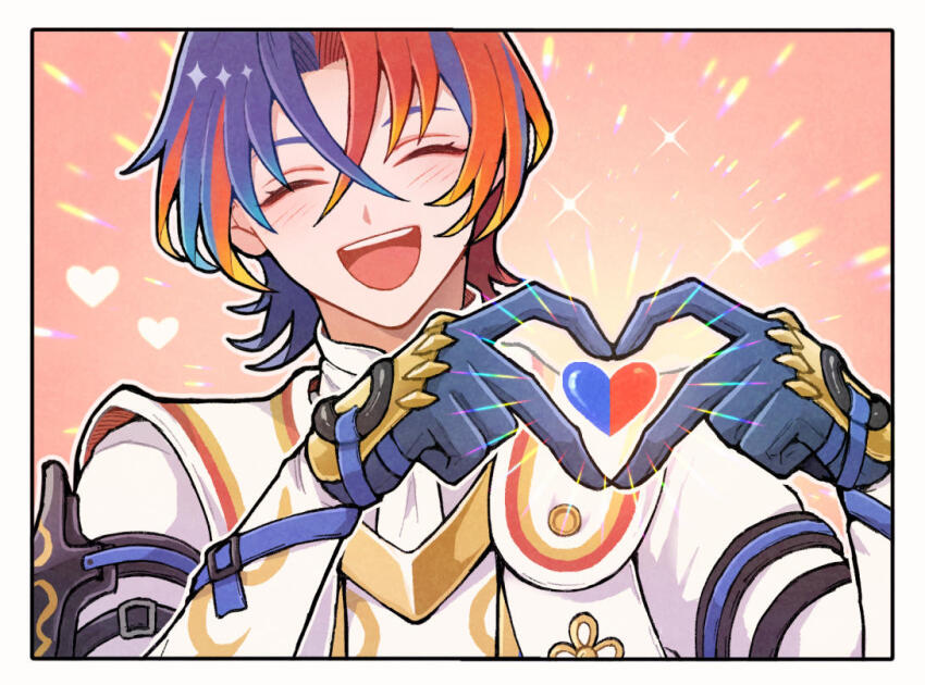 1boy alear_(fire_emblem) alear_(male)_(fire_emblem) blue_hair crossed_bangs fire_emblem fire_emblem_engage heart heart_hands heterochromia kuhaha male_focus multicolored_hair nintendo open_mouth red_hair smile solo split-color_hair two-tone_hair