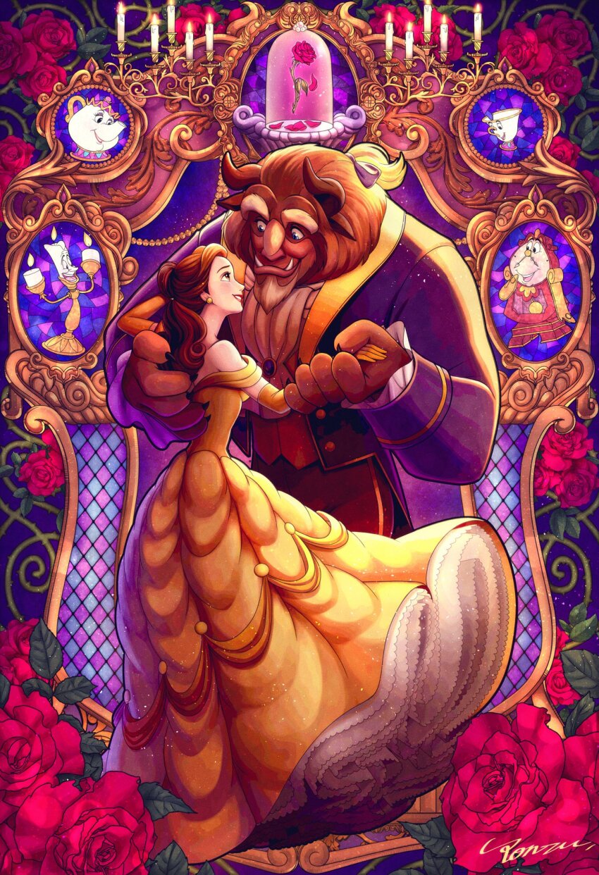 2girls 4boys beast_(disney) beauty_and_the_beast_(disney) belle_(disney) brown_eyes brown_hair chip_potts cogsworth disney dress earrings flower gloves highres jewelry long_hair lumiere_(disney) mrs._potts multiple_boys multiple_girls ponsu_(ponzuxponzu) ponytail rose smile yellow_dress