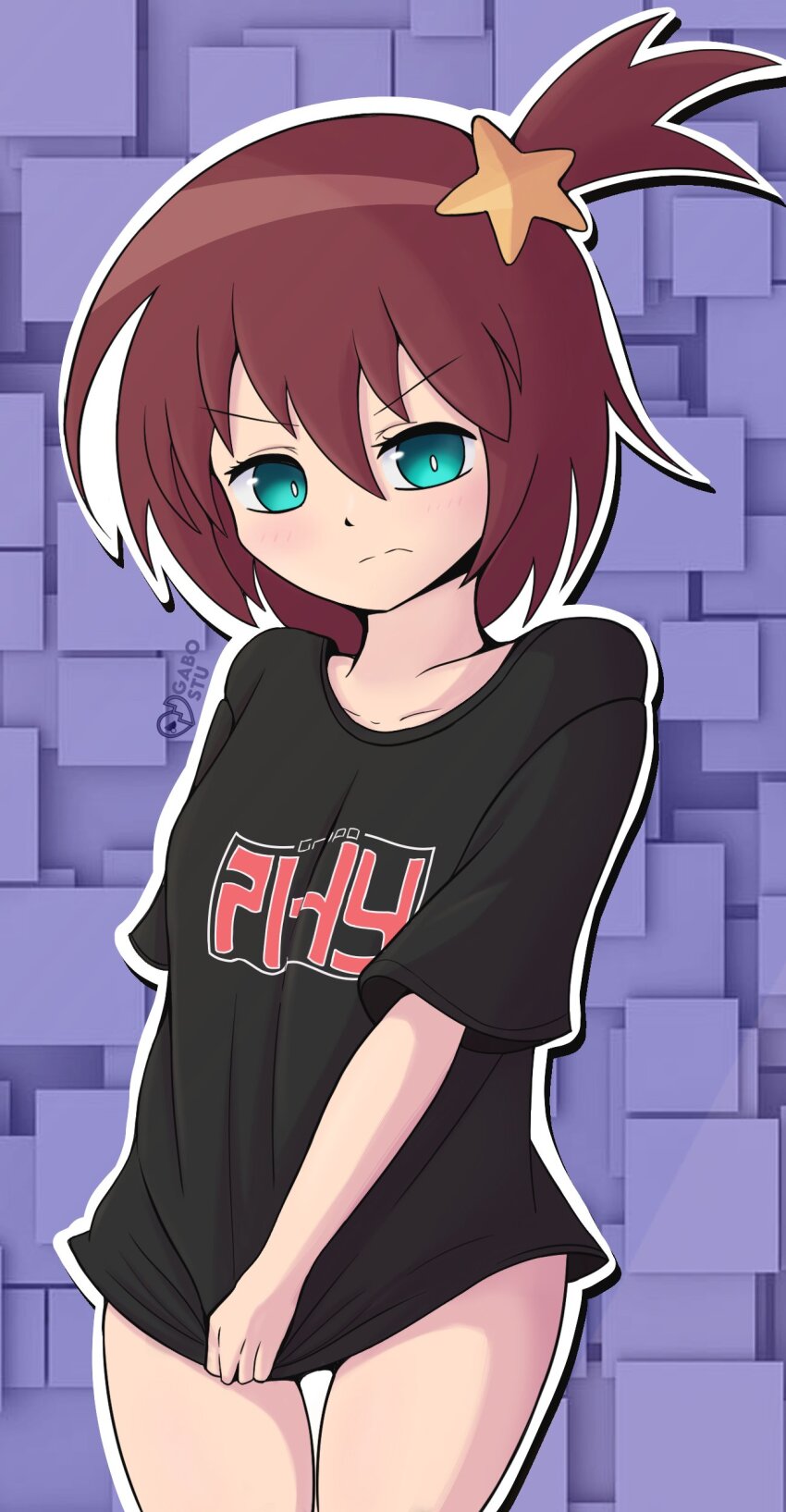 1girl absurdres aqua_eyes brown_hair gabostu hair_ornament highres luluco shirt short_hair thighs uchuu_patrol_luluco