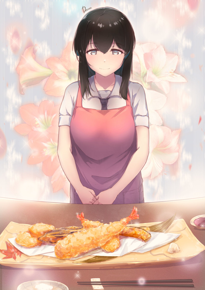 1girl amaryllis_(flower) apron black_hair bowl chopsticks closed_mouth collarbone commentary_request cooking dermar fish_(food) floral_background flower food fried_fish grey_eyes hair_between_eyes highres looking_at_viewer original own_hands_together pink_apron plate school_uniform shirt short_sleeves shrimp shrimp_tempura signature smile solo standing table tempura white_shirt