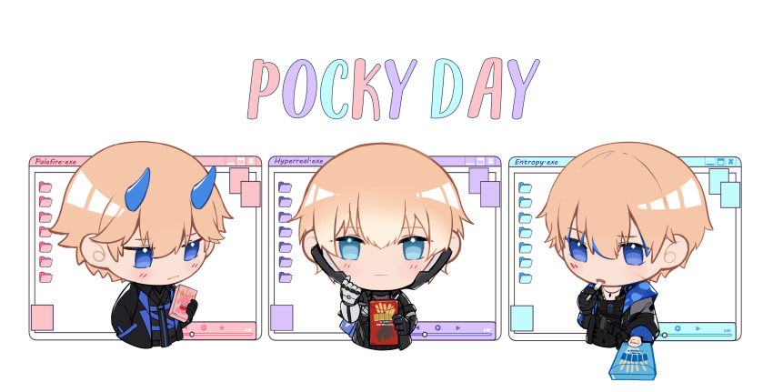 1boy absurdres blush chibi dochikun food highres image_sample lee:_entropy_(pgr) lee:_hyperreal_(pgr) lee:_palefire_(pgr) lee_(pgr) pixiv_sample pocky punishing:_gray_raven solo solo_focus variants white_background