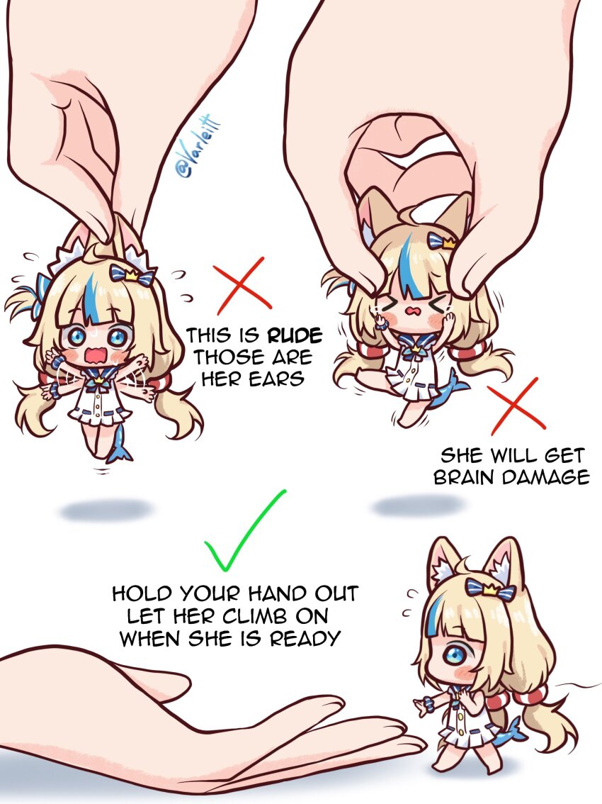 &gt;_&lt; 1girl 1other absurdres ahoge animal_ear_fluff animal_ears blonde_hair blue_eyes blue_hair cat_ears checkmark chibi disembodied_hand dress english_text fins fish_girl fish_tail grabbing_another&#039;s_ear hand_on_another&#039;s_ear highres how_to_hold_x_(meme) indie_virtual_youtuber lifebuoy_hair_ornament lifting_person long_hair low_twintails meme mini_person minigirl multicolored_hair sameko_saba squeezing streaked_hair tail twintails varliet very_long_hair virtual_youtuber white_background white_dress x x_mark