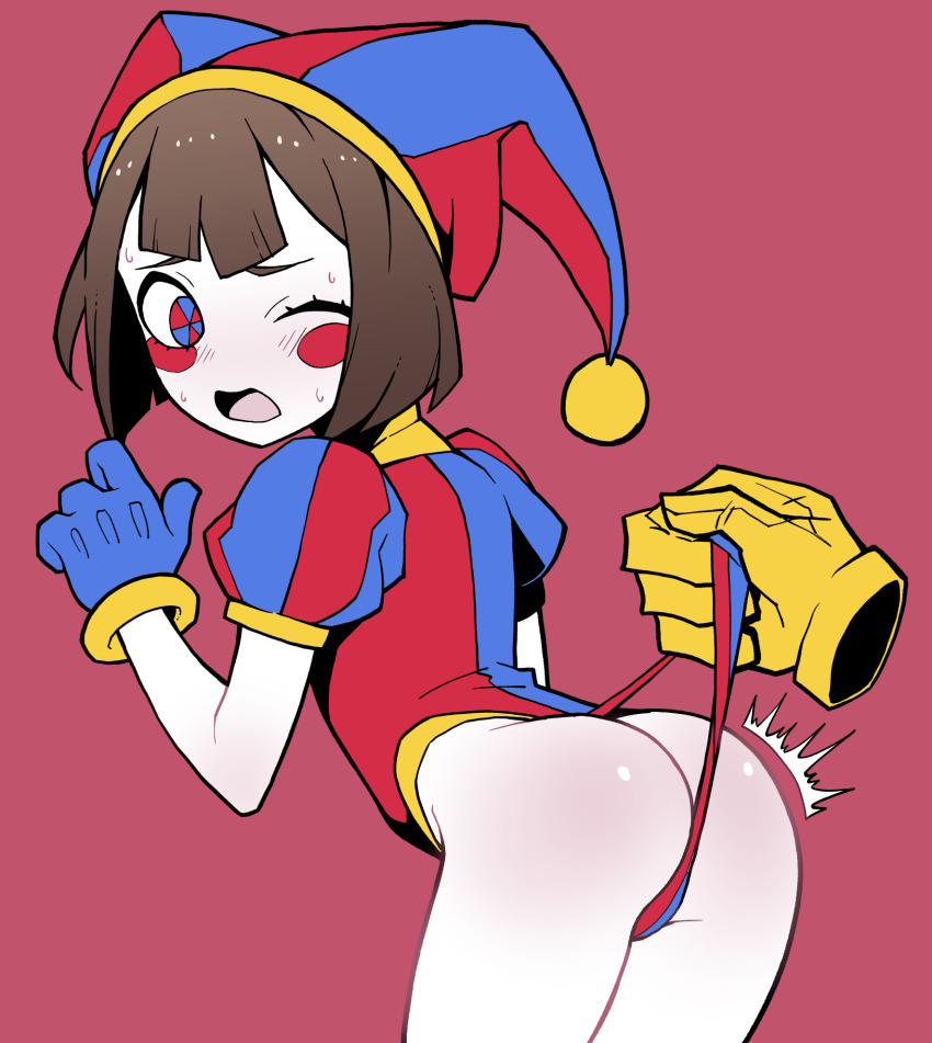 1boy 1girl ^^^ akableak arched_back ass assisted_exposure bent_over blue_eyes blue_gloves blue_hat blue_leotard blunt_ends blush blush_stickers bob_cut choppy_bangs commentary disembodied_hand embarrassed from_behind frontal_wedgie giving_wedgie gloves hat highleg highleg_leotard highres jax_(the_amazing_digital_circus) jester_cap leaning_forward leotard looking_at_viewer looking_back multicolored_eyes nervous nervous_sweating one_eye_closed open_mouth pale_skin pom_pom_(clothes) pomni_(the_amazing_digital_circus) pov pov_hands puffy_short_sleeves puffy_sleeves raised_eyebrows red_background red_eyes red_hat red_leotard shiny_skin short_hair short_sleeves simple_background solo_focus standing striped_clothes striped_headwear striped_leotard surprised sweat symbol-shaped_pupils the_amazing_digital_circus two-tone_eyes two-tone_hat vertical-striped_clothes vertical-striped_headwear vertical-striped_leotard wedgie wince yellow_gloves yellow_trim