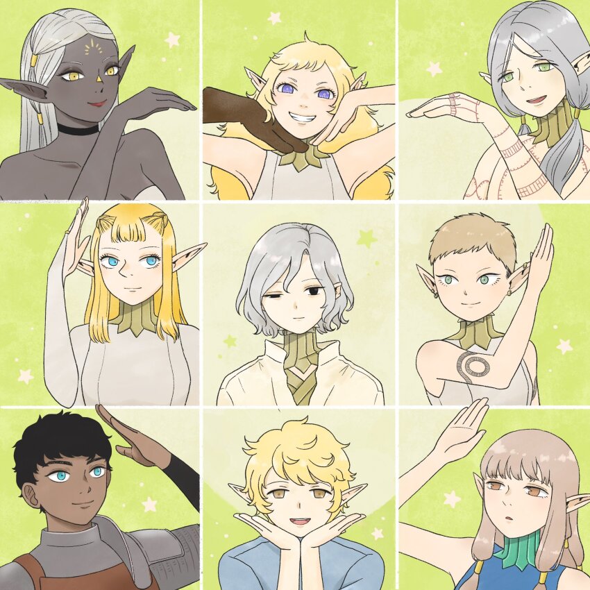 4boys 5girls arm_tattoo bags_under_eyes bare_shoulders black_eyes black_hair blonde_hair blue_eyes braid brothers chest_tattoo choker cithis curly_hair dark-skinned_female dark-skinned_male dark_elf dark_skin dungeon_meshi elf facial_mark fleki forehead_mark gorget green_eyes grey_hair group_pose hair_around_ear heart_arms_team hertz_861 highres kabru lazy_eye long_hair long_sleeves low_twintails lycion male_focus milsiril_(dungeon_meshi) mithrun mithrun&#039;s_brother multiple_boys multiple_girls notched_ear orange_eyes otta_(dungeon_meshi) pattadol pointy_ears portrait purple_eyes shirt short_hair siblings smile tattoo topless_male tunic twintails uneven_eyes very_short_hair wavy_hair yellow_eyes