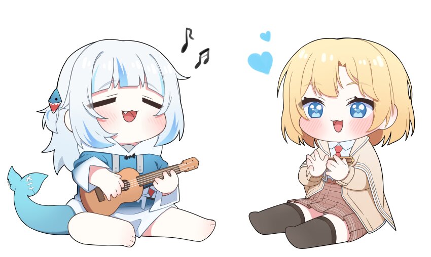 2girls :d absurdres animal_costume barefoot black_thighhighs blonde_hair blue_eyes blue_hoodie blush brown_capelet capelet chibi chibi_only clapping closed_eyes collared_shirt commentary detective fang fins fish_tail gawr_gura gawr_gura_(1st_costume) grey_hair hair_ornament heart highres hololive hololive_english hood hoodie long_sleeves looking_at_viewer multicolored_hair multiple_girls music musical_note necktie open_mouth panties pantyshot plaid_clothes plaid_skirt pleated_skirt red_necktie shark_costume shark_girl shark_print shark_tail shirt short_hair short_necktie singing sitting skirt smile streaked_hair tail thighhighs ugaaaa1 underwear virtual_youtuber watson_amelia watson_amelia_(1st_costume) white_panties white_shirt