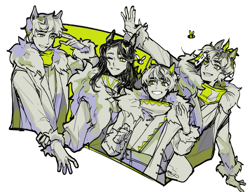 1girl 3boys absurdres animal_ears bee border bug chinese_commentary commentary_request fur_trim green_eyes green_theme highres insect kemonomimi_mode leaf long_hair male_focus mc_championship minecraft_youtube multiple_boys shubble sketch smile spot_color tapl tttttaniaaaaa tubbo white_border wilbur_soot