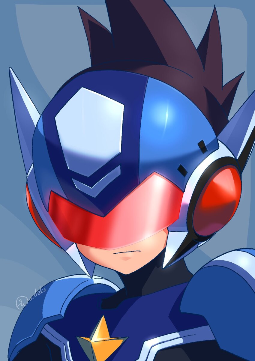 1boy armor blue_armor blue_helmet brown_hair close-up covered_eyes helmet highres male_focus medium_hair mega_man_(series) mega_man_star_force_(series) o_deko power_armor red-tinted_eyewear solo spiked_hair star_force_mega_man tinted_eyewear twitter_username