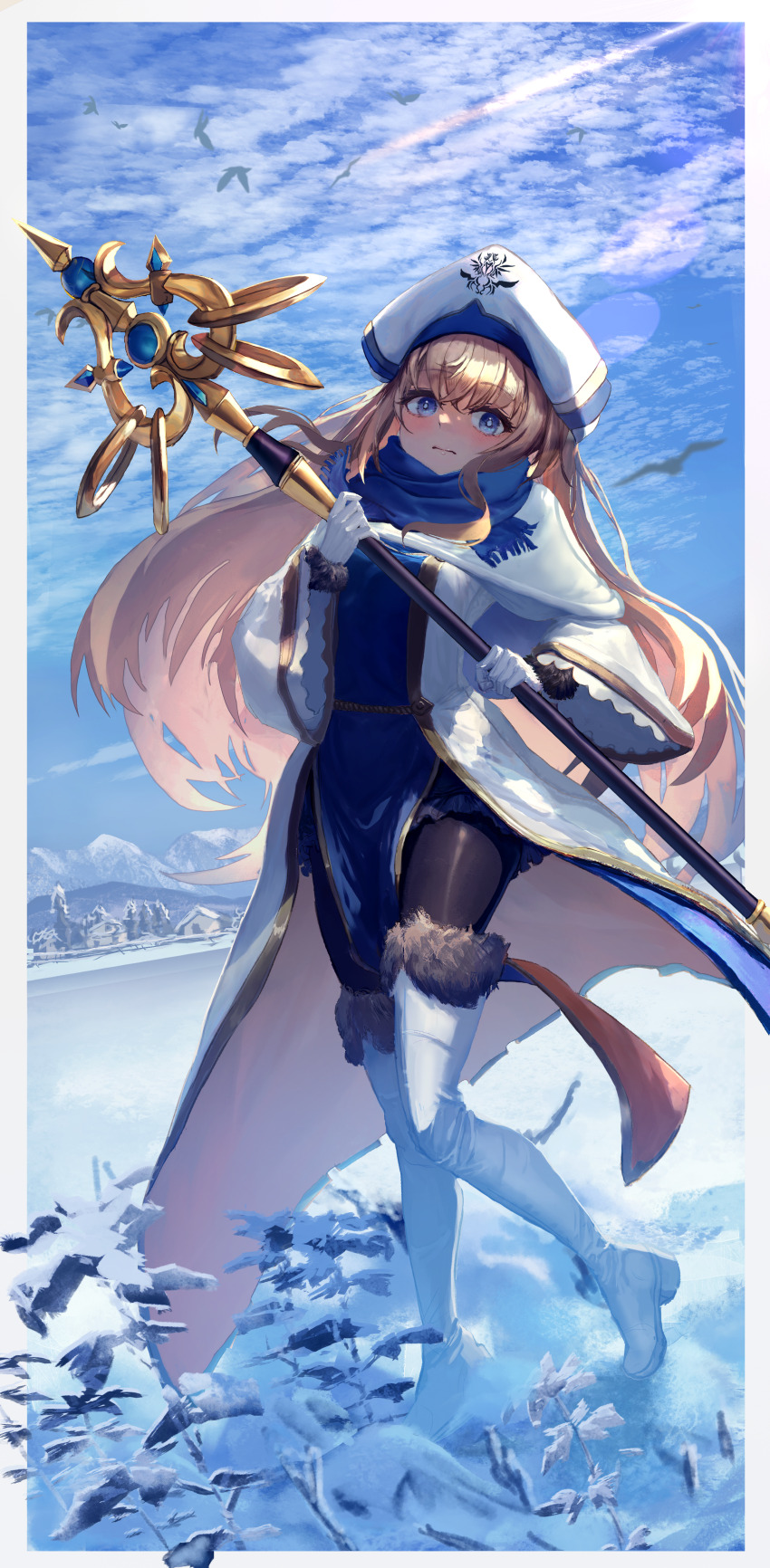1girl absurdres bird black_pantyhose blonde_hair blue_eyes blue_scarf blue_sky boots breasts closed_mouth cloud cloudy_sky dlop_6 dress fur-trimmed_boots fur-trimmed_gloves fur_trim gloves goblin_slayer! hat high_heel_boots high_heels highres holding holding_staff house long_hair looking_at_viewer mountainous_horizon pantyhose priestess_(goblin_slayer!) scarf shakujou sky small_breasts snow solo staff too_many too_many_birds town white_boots white_dress white_gloves white_hat winter_clothes winter_gloves