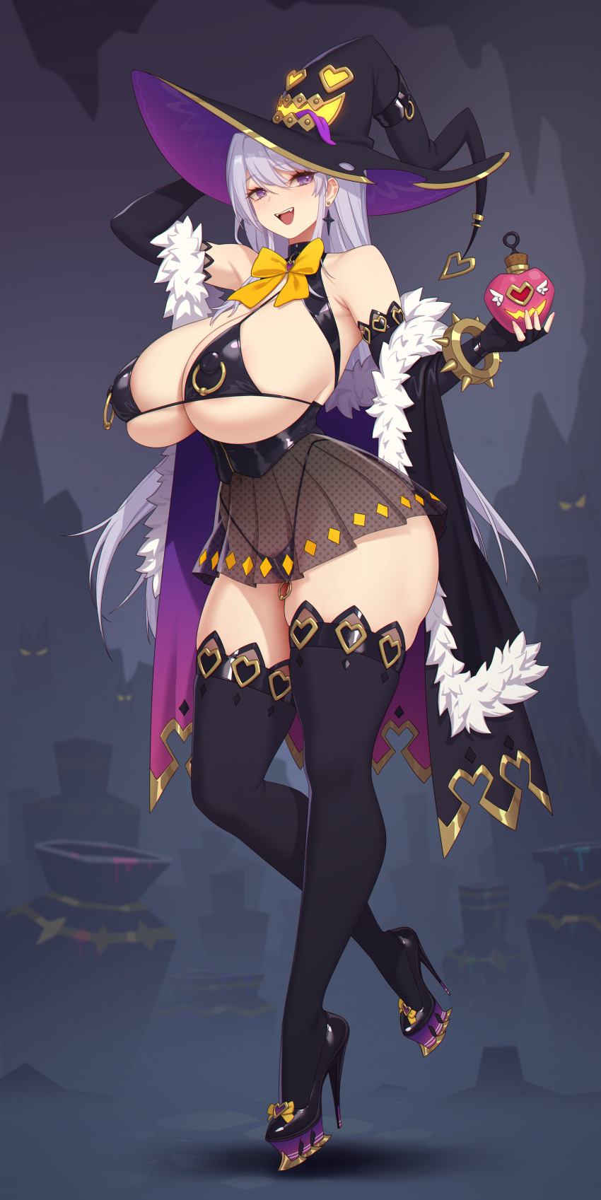 1girl absurdres arm_up bikini black_bikini black_cape black_footwear black_gloves black_hat black_thighhighs bow bowtie bracelet breasts cape chinese_commentary commentary commentary_request covered_erect_nipples earrings elbow_gloves english_commentary fingerless_gloves fur-trimmed_cape fur_trim gloves hair_between_eyes hat heart heart_o-ring high-waist_skirt high_heels highleg highleg_bikini highres holding huge_breasts jewelry light_blush long_hair looking_at_viewer micro_bikini miniskirt mixed-language_commentary navel nipple_piercing nipple_rings o-ring open_mouth original piercing pleated_skirt pumps purple_eyes purple_hair rekaerb_maerd revealing_clothes see-through_clothes see-through_skirt skindentation skirt smile solo spiked_bracelet spikes standing standing_on_one_leg swimsuit teeth thighhighs tongue underboob upper_teeth_only very_long_hair witch_hat yellow_bow yellow_bowtie