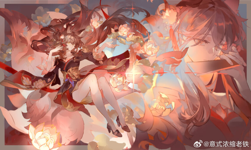 1girl black_dress black_footwear brown_hair chinese_commentary commentary_request dress floating floating_hair flower fugue_(honkai:_star_rail) full_body hair_ornament highres holding honkai:_star_rail honkai_(series) liulianjingrua long_hair long_sleeves lotus off-shoulder_dress off_shoulder pom_pom_(clothes) pom_pom_hair_ornament solo tassel tassel_hair_ornament tingyun_(honkai:_star_rail) very_long_hair watermark weibo_username weibo_watermark wide_sleeves yellow_eyes