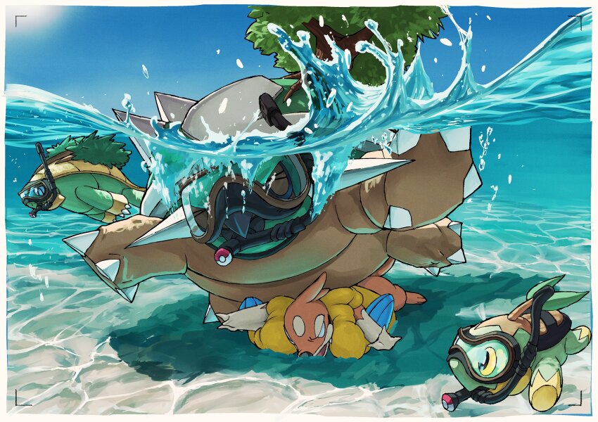 &gt;_&lt; air_bubble blank_eyes border bubble closed_eyes clothed_pokemon colored_sclera commentary_request creatures_(company) crushing day evolutionary_line floatzel game_freak gen_4_pokemon grotle highres how_long looking_at_another nintendo no_humans ocean open_mouth outdoors partially_submerged partially_underwater_shot poke_ball pokemon pokemon_(creature) pokemon_focus shadow shell snorkel spikes sunlight swimming torterra tree turtwig underwater viewfinder water white_border yellow_sclera