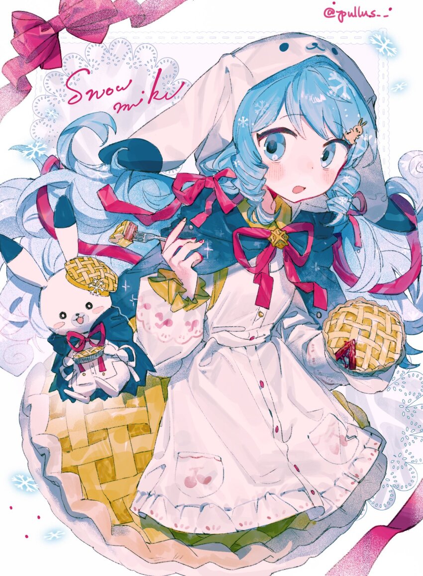 1girl apron blue_eyes blue_hair blush blush_stickers brown_dress brown_hat character_name cloak doily dot_nose dress english_text food fork hair_ornament hair_ribbon hat hatsune_miku headscarf highres holding holding_food holding_fork long_hair long_sleeves neck_ribbon open_mouth pie pie_print pullus rabbit rabbit_yukine red_nails ribbon smile snowflakes sparkle twitter_username very_long_hair vocaloid yuki_miku yuki_miku_(2026)_(applicant)