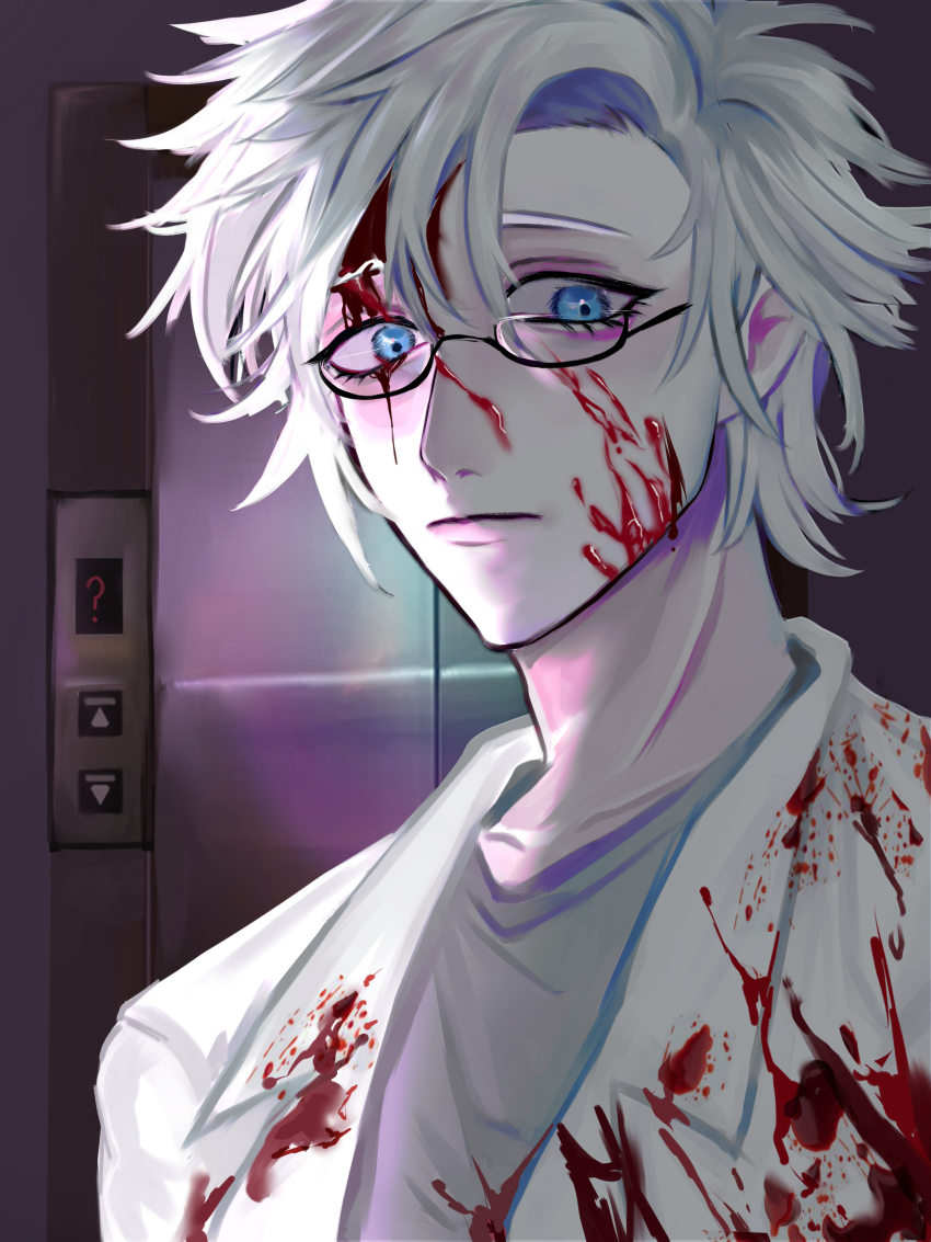1boy ? arrow_(symbol) black-framed_eyewear blood blood_on_clothes blood_on_face blue_eyes chinese_commentary closed_mouth collarbone commentary_request elevator_door glasses grey_shirt hair_between_eyes highres jacket kanou_aogu lapels liunai156 male_focus notched_lapels open_clothes open_jacket portrait saibou_shinkyoku shirt short_hair solo white_hair white_jacket