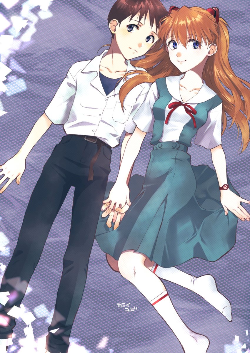 1boy 1girl black_hair blue_eyes breasts brown_hair couple hetero highres holding_hands ikari_shinji long_hair looking_at_viewer lying neon_genesis_evangelion school_uniform short_hair skirt smile socks souryuu_asuka_langley suspender_skirt suspenders tokyo-3_middle_school_uniform two_side_up yubi_kamii