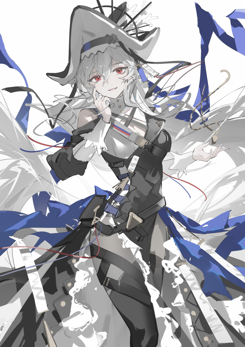 1girl absurdres arknights black_dress black_hat black_pantyhose detached_sleeves dress hat highres long_hair luozhou_pile pantyhose parted_lips pelvic_curtain red_eyes simple_background solo specter_(arknights) specter_the_unchained_(arknights) two-tone_dress very_long_hair white_background white_dress white_hair