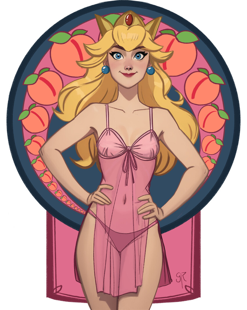 1girl art_nouveau artist_name babydoll blonde_hair blue_eyes breasts collarbone crown earrings food fruit galmesh_rosewood hands_on_own_hips highres jewelry long_hair looking_at_viewer mario_(series) medium_breasts name_connection navel nintendo object_namesake panties peach pink_babydoll princess_peach see-through_clothes simple_background smile solo sphere_earrings underwear