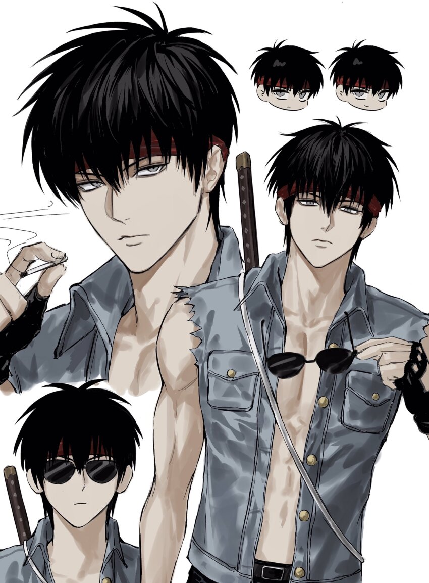 1boy abs belt black_hair character_request cigarette copyright_request fingerless_gloves gloves headband highres holding holding_cigarette lips male_focus sso_s sunglasses vest white_background