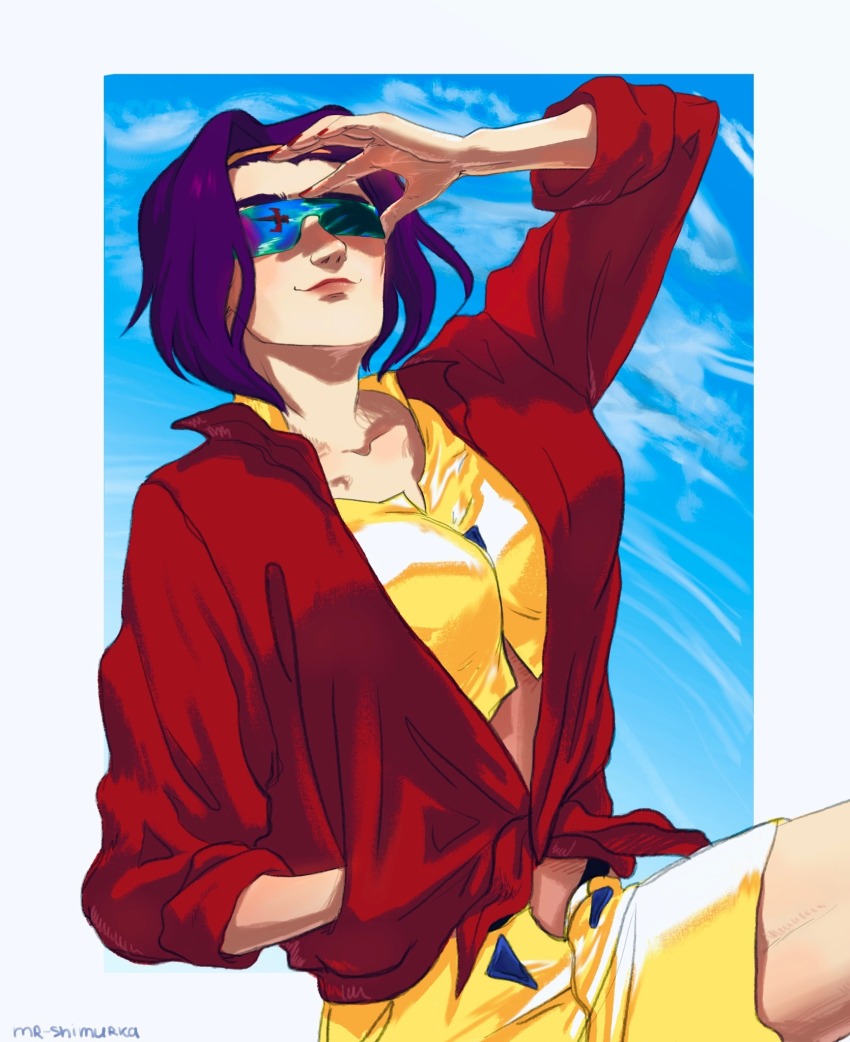 1girl artist_name blue_sky breasts cloud cloudy_sky cowboy_bebop faye_valentine hairband highres light_smile lips medium_breasts mr-shimurka purple_hair science_fiction shorts sky solo sunglasses swordfish_ii yellow_hairband yellow_shorts
