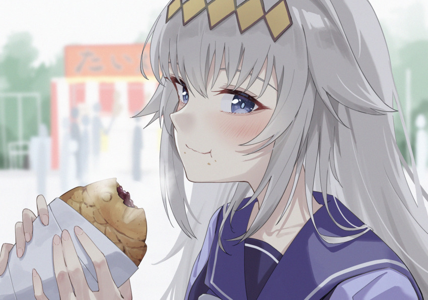 1girl :t blush closed_mouth commentary_request diamond_(shape) eating food food_on_face grey_hair hair_between_eyes hair_flaps hairband highres holding holding_food horse_girl long_hair looking_at_viewer oguri_cap_(umamusume) profnote purple_sailor_collar purple_shirt sailor_collar school_uniform shirt smile taiyaki tracen_school_uniform umamusume wagashi