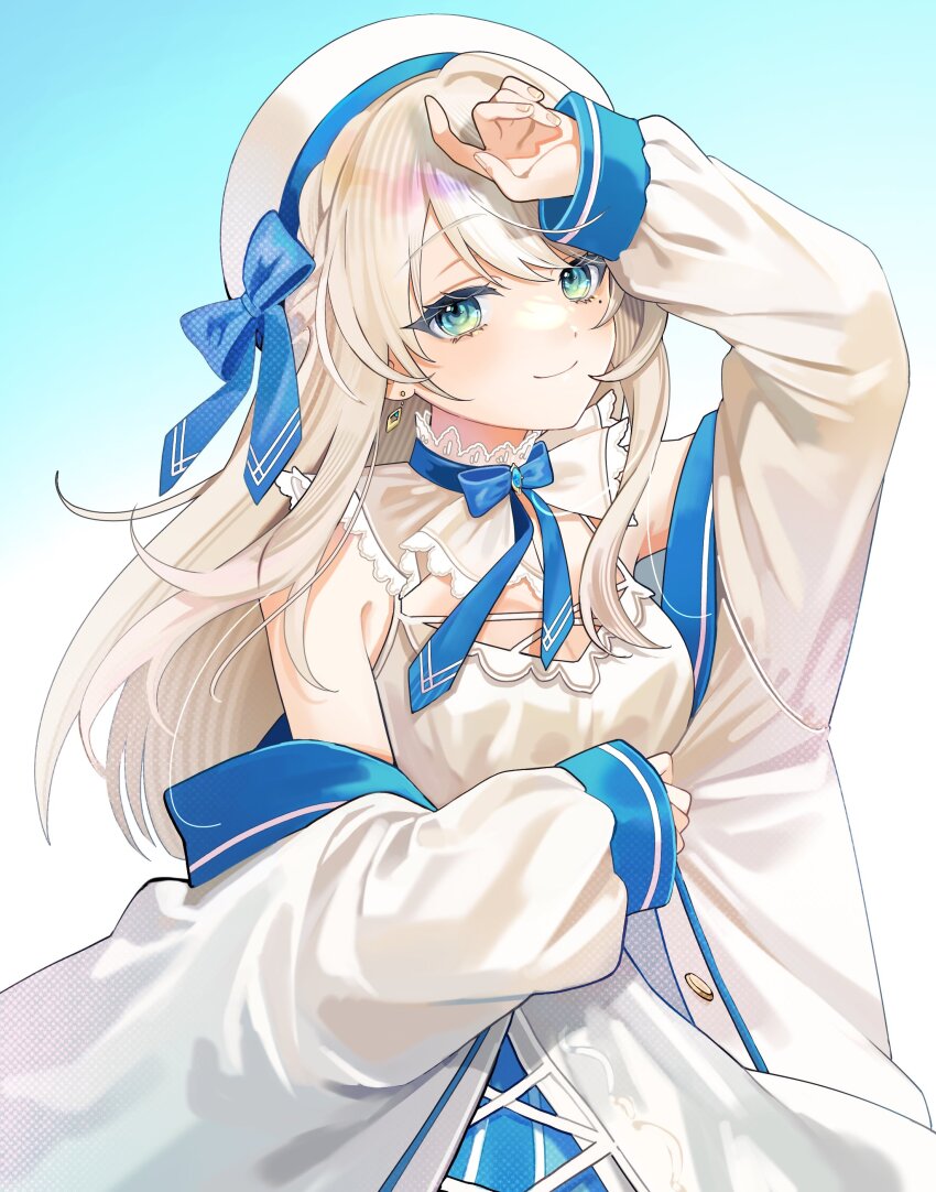 1girl absurdres arm_up blue_eyes blue_ribbon breasts cleavage closed_mouth commentary_request cowboy_shot dress earrings fingernails hat hat_ribbon highres indie_virtual_youtuber jacket jewelry long_hair looking_at_viewer medium_breasts nagino_mashiro nagino_mashiro_(1st_costume) neck_ribbon off_shoulder ribbon roko_(pe0e07) second-party_source solo virtual_youtuber white_dress white_hair white_hat white_jacket