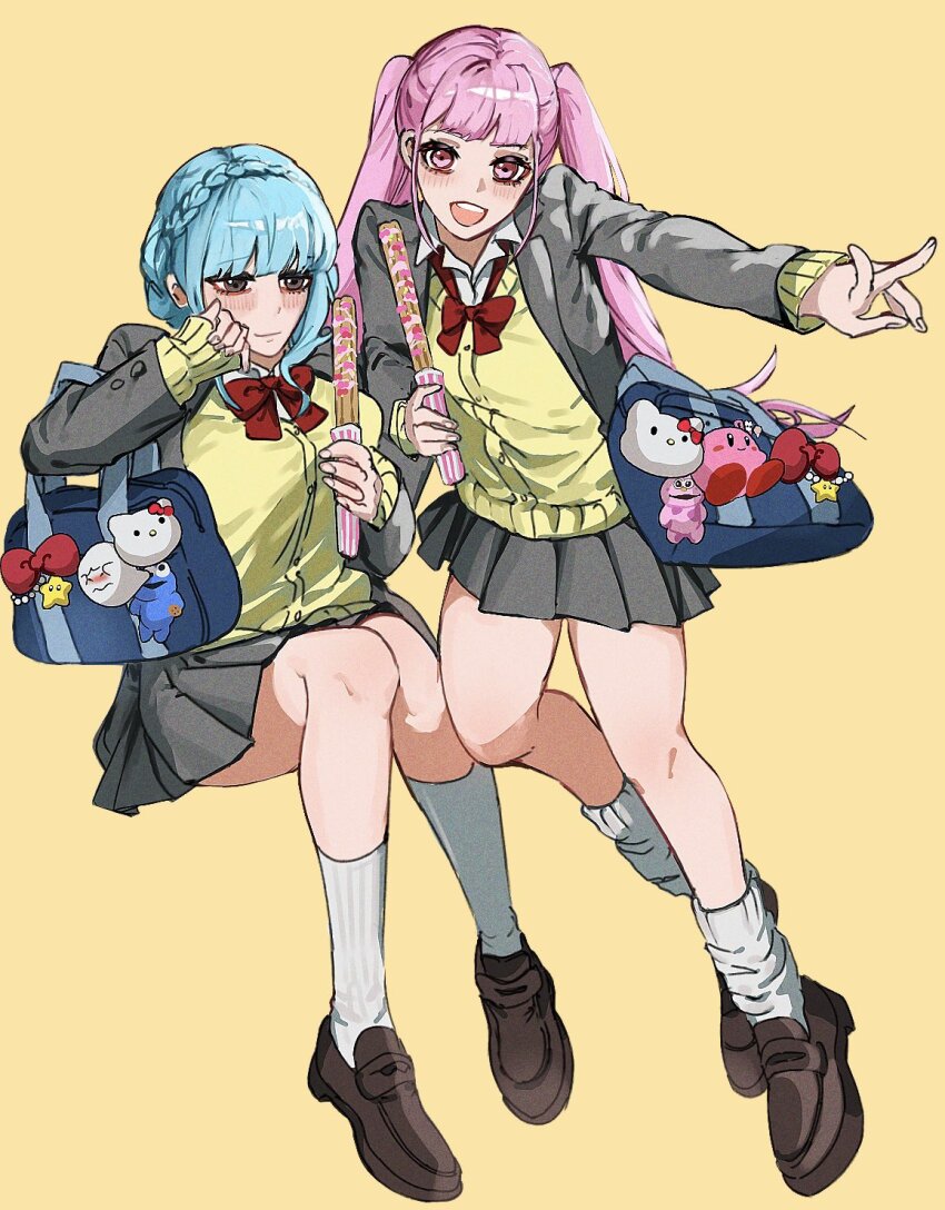 2girls akitsu_123 blue_hair blush boo_(mario) braid breasts brown_eyes cleavage closed_mouth collared_shirt cookie_monster crown_braid fire_emblem fire_emblem:_three_houses grey_jacket grey_skirt hello_kitty hello_kitty_(character) highres hilda_valentine_goneril jacket kirby kirby_(series) kneehighs long_hair long_sleeves looking_at_viewer luma_(mario) marianne_von_edmund mario_(series) medium_breasts multiple_girls nintendo open_clothes open_jacket open_mouth pink_eyes pink_hair pleated_skirt red_ribbon ribbon sanrio school_uniform sesame_street shirt short_hair skirt smile socks sweater twintails white_shirt white_socks yellow_sweater