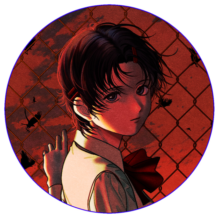 1girl =_hair_ornament bird black_hair blue_eyes border bow bowtie chain-link_fence collared_shirt crow dusk fence light_smile looking_at_viewer masatokinaino monochrome parted_bangs red_bow red_bowtie round_border round_image sayonara_wo_oshiete school_uniform shirt short_hair sky solo takada_nozomi transparent_background twilight upper_body white_shirt wind