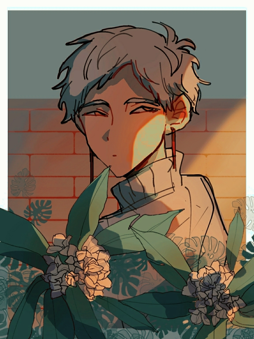 1boy beiquqian brick_wall character_request chinese_commentary closed_mouth commentary_request copyright_request earrings expressionless flower grey_hair grey_sweater highres jewelry looking_back male_focus short_hair solo sweater turtleneck turtleneck_sweater upper_body white_flower yellow_eyes