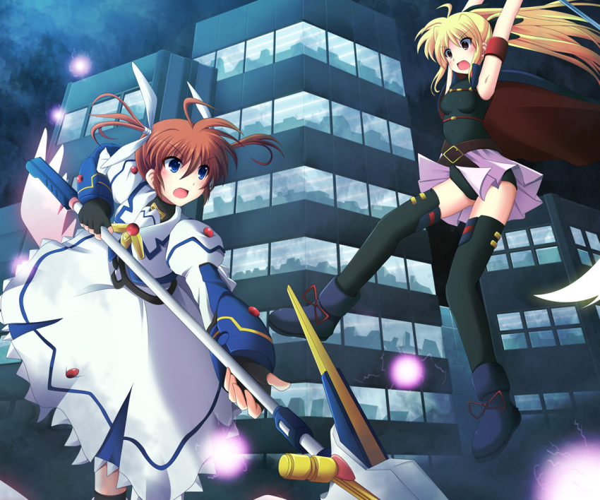 10s 2girls armband armpits arms_up bardiche_(nanoha) bardiche_(scythe_form)_(nanoha) battle belt black_legwear blonde_hair blue_eyes brown_hair buckle building cross_(artist) cross_(crossryou) dress energy_ball fate_testarossa fate_testarossa_(movie_1st_form) fingerless_gloves gloves hair_between_eyes hair_ribbon holding holding_weapon leotard long_hair long_sleeves lyrical_nanoha magical_girl mahou_shoujo_lyrical_nanoha mahou_shoujo_lyrical_nanoha_the_movie_1st miniskirt multiple_girls night open_mouth outdoors pink_skirt raising_heart raising_heart_(cannon_mode) red_eyes ribbon skirt sleeveless staff takamachi_nanoha takamachi_nanoha_(movie_1st_mode) thighhighs twintails two-handed weapon white_dress