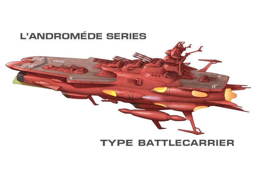alien andromeda_(uchuu_senkan_yamato) captured carrier character_name commentary_request energy_cannon french_text gamilas highres kinoshita_teitoku military modified no_humans official_style original radar_dish radio_antenna redesign science_fiction solo spacecraft thrusters turret uchuu_senkan_yamato uchuu_senkan_yamato_2205:_arata_naru_tabidachi wave_motion_gun white_background