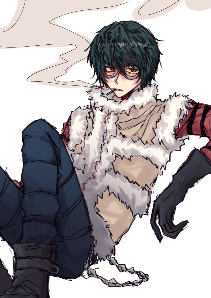 1boy absurdres black_boots black_gloves blue_pants boots chain cigarette death_note fur-trimmed_collar fur-trimmed_jacket fur_trim gloves goggles green_hair hair_between_eyes highres jacket looking_to_the_side male_focus matt_(death_note) pants red-tinted_eyewear shirt shuicha803 sideways_glance sitting sleeveless sleeveless_jacket smoke smoke_trail smoking solo striped_clothes striped_shirt tinted_eyewear white_background white_fur