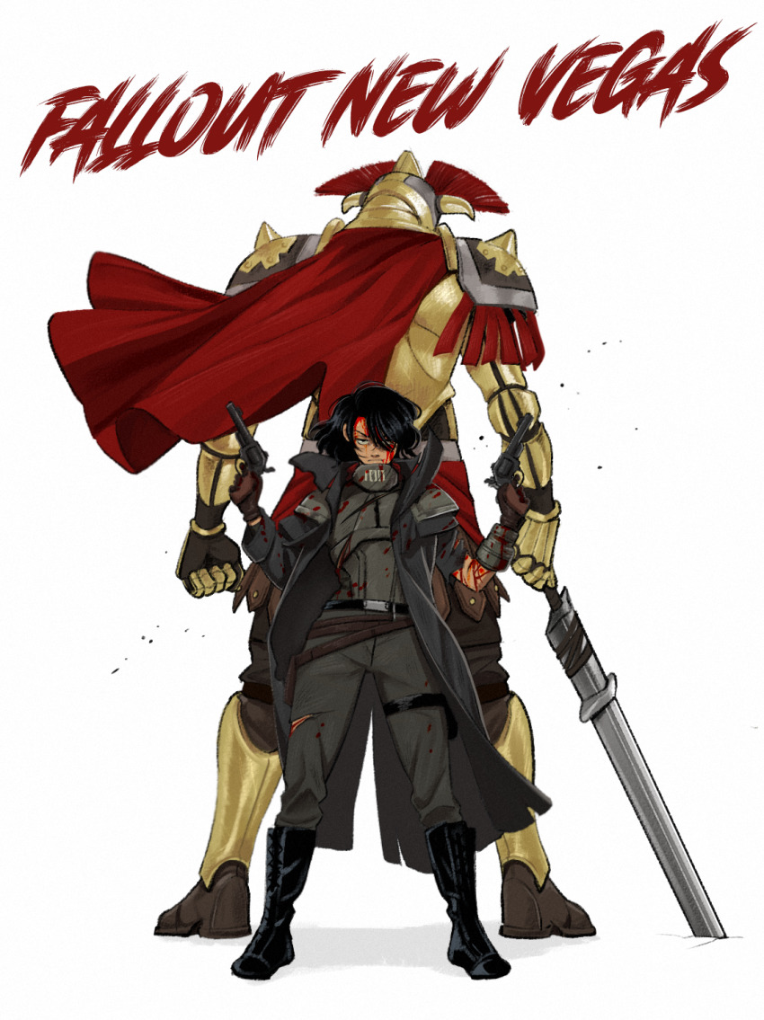 1boy 1girl armor back-to-back black_hair blood blood_on_face boots caesar&#039;s_legion cape clenched_hand courier_(fallout:_new_vegas) dual_wielding duster fake_horns fallout:_new_vegas fallout frown gun hair_between_eyes handgun helmet highres holding horned_helmet horns legate_lanius medium_hair pauldrons plume pteruges red_cape revolver shoulder_armor size_difference skirt sword tanblaque weapon white_background