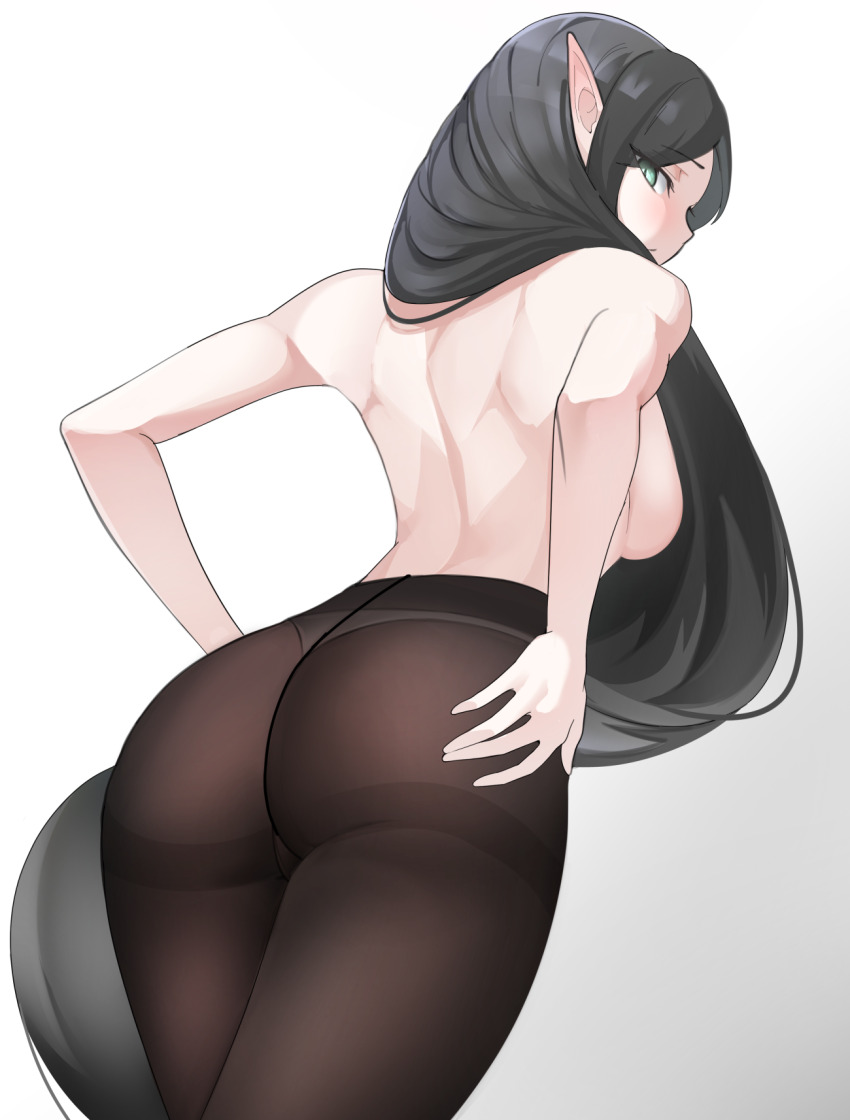 1girl adele_(maplestory) ass bare_back black_hair blush breasts breasts_out clipstupid closed_mouth from_behind green_eyes highres long_hair looking_back maplestory medium_breasts panties pantyhose pointy_ears solo topless_female underwear upper_body