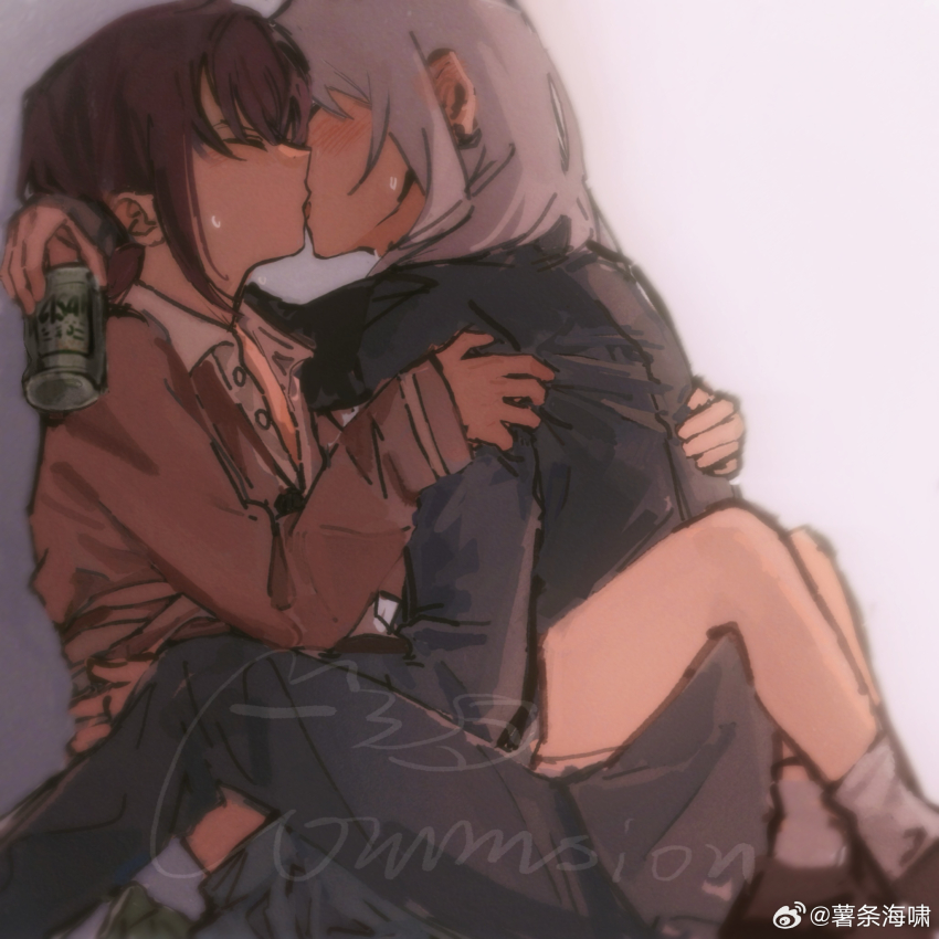 2girls asahi_breweries black_pants black_shirt blush brown_cardigan brown_hair cardigan chinese_commentary closed_eyes collared_shirt commentary_request commission dress_shirt french_kiss girls_band_cry grey_hair highres iseri_nina kawaragi_momoka kiss lifting_another&#039;s_clothes long_sleeves low_twintails midriff_peek multiple_girls occoon pants shirt short_hair short_twintails socks sweatdrop twintails white_shirt white_socks yuri