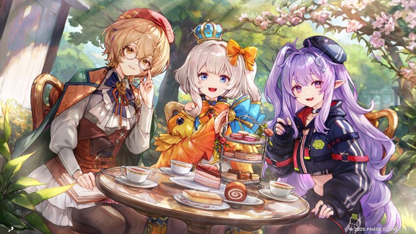 3four 3girls adjusting_eyewear black_hat blue_crown blue_eyes bow brown_hair cake cake_slice clio_aite clio_aite_(clio_2.0) crescent crescent_hair_ornament crown cup eepy_sleepy_(sleepy_2.0) food forest gleam hair_ornament hat highres light_rays long_hair looking_at_viewer macaron marimari_(vtuber) marimari_(vtuber)_(marimari_2.0) medium_hair multiple_girls nature official_art orange_bow own_hands_together phase_connect phase_invaders_quest pointy_ears purple_eyes purple_hair red_hat round_eyewear second-party_source short_hair sleepy_project teacup very_long_hair virtual_youtuber white_hair yellow_eyes