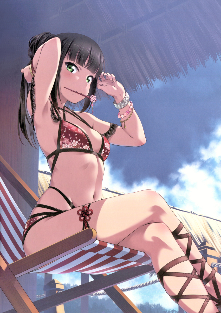 1girl absurdres armpits arms_up beach_chair bikini black_hair blue_sky blunt_bangs bracelet breasts cherry_blossom_print cloud cloudy_sky criss-cross_halter crossed_legs day dengeki_g&#039;s floral_print gladiator_sandals green_eyes hair_bun hair_ornament hair_stick halterneck highres inou_shin jewelry kurosawa_dia kurosawa_dia_(dengeki_g&#039;s_poster_swimsuit) linea_alba long_hair looking_at_viewer love_live! love_live!_sunshine!! medium_breasts mole mole_under_mouth mouth_hold multi-strapped_bikini_bottom multi-strapped_bikini_top navel official_art one_side_up outdoors print_bikini red_bikini sandals sideways_glance single_side_bun sitting sky solo straight_hair strappy_heels swimsuit thigh_strap