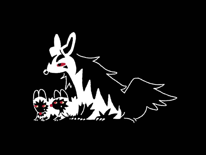 00tamakichi all_fours black_background black_eyes black_fur claws colored_sclera commentary ears_up facial_mark gen_3_pokemon highres hyena looking_ahead looking_to_the_side mightyena nintendo no_humans pokemon pokemon_(creature) poochyena red_eyes red_sclera sideways_glance simple_background sitting spot_color symbol-only_commentary tail yellow_sclera