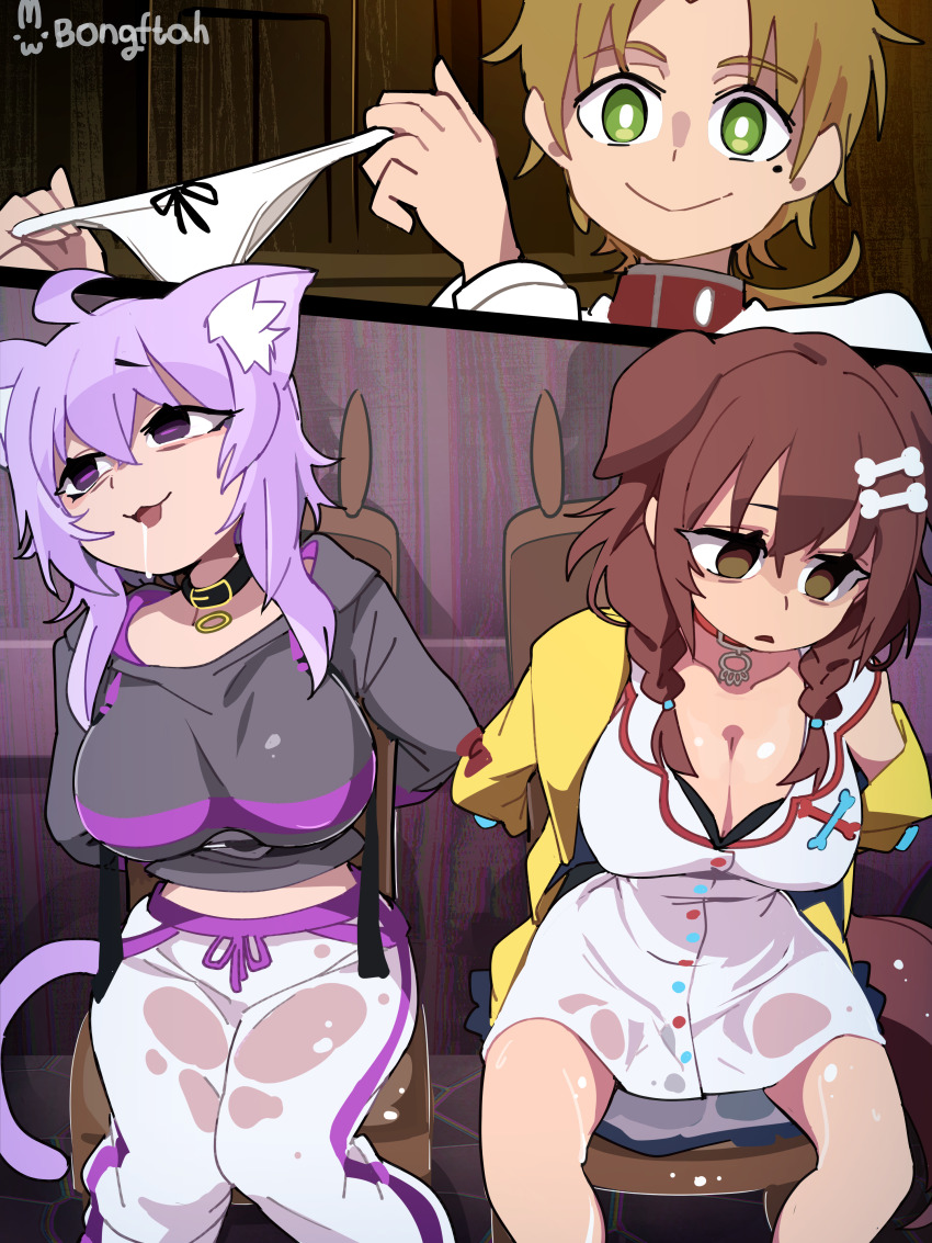 1boy 2girls :3 absurdres ahoge animal_ear_fluff animal_ears artist_name bags_under_eyes bare_legs black_collar black_hoodie blue_bow bone_hair_ornament bongftah bound bound_wrists bow bow_panties braid breasts bright_pupils brown_bow brown_hair brown_tail cat_ears cat_girl cat_tail chair cleavage collar collarbone commentary crossover dog_ears dog_girl dog_tail dress empty_eyes green_eyes hair_between_eyes hair_ornament hairclip highres holding holding_panties holding_underwear holding_unworn_clothes hololive hood hoodie inugami_korone inugami_korone_(1st_costume) jacket large_breasts long_sleeves low_twin_braids midriff mole mole_under_eye multiple_girls mushoku_tensei nekomata_okayu nekomata_okayu_(1st_costume) panties pants parted_bangs parted_lips peeing peeing_self pendant_choker purple_hair purple_tail red_collar rudeus_greyrat saliva scene_reference shirt short_dress sidelocks single_off_shoulder sleeve_bow smile symbol-only_commentary tail tied_to_chair track_pants twin_braids underwear virtual_youtuber wet wet_clothes white_dress white_panties white_pants white_pupils white_shirt yellow_jacket