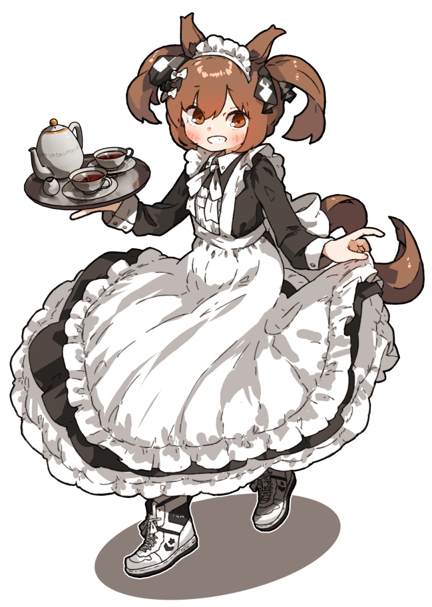 1girl alternate_costume amonitto animal_ears apron black_dress blush brown_eyes brown_hair collared_dress cup dress enmaided full_body grin high_tops highres holding holding_tray horse_ears horse_girl horse_tail long_sleeves looking_at_viewer maid maid_apron maid_headdress petticoat saucer shoes skirt_hold smart_falcon_(umamusume) smile sneakers solo tail tea_set teacup teapot tray twintails umamusume white_shoes