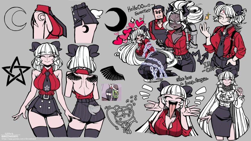 1girl baphomet_(grizz) black_bow black_gloves black_skirt blush boots bow breasts cameo cleavage closed_eyes concept_art crescent crescent_moon demon_girl demon_tail dynamic_pose frog from_side gloves grizz helltaker helltaker_(character) high_heel_boots high_heels highres horns justice_(helltaker) lineart long_tongue moon multiple_expressions official_art open_mouth original reference_sheet skirt speech_bubble sunglasses tail tongue tongue_out vanripper_(style) white_hair wings