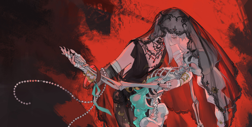 1girl absurdres bamboo_nima bandaged_hand bandages bare_shoulders black_dress black_nails black_veil closed_eyes dress highres long_hair official_alternate_costume profile red_background reverse:1999 semmelweis_(reverse:1999) skeleton sleeveless sleeveless_dress solo upper_body veil very_long_hair white_hair