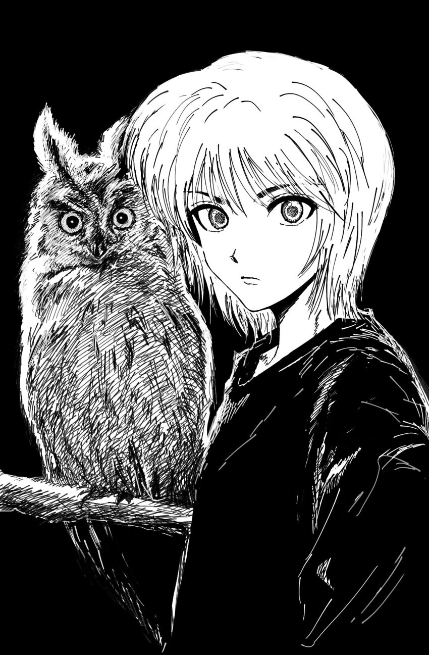 1boy bird branch commentary expressionless frown highres hunter_x_hunter kurapika looking_at_viewer male_focus monochrome my_nameisyoon owl symbol-only_commentary upper_body